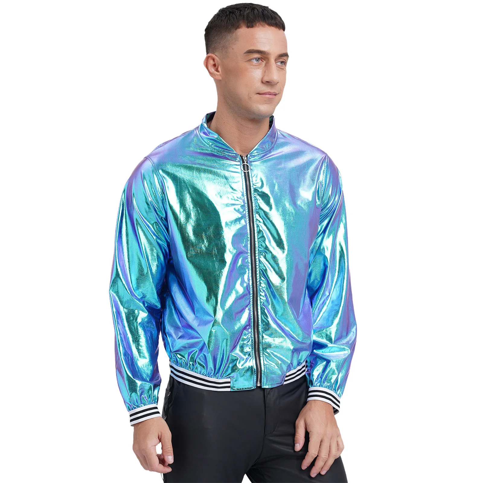 Mens Metallic Shiny Bomber Jackets Long Sleeve Front Zipper Striped Band Outerwear Baseball Jacket Coat Clubwear Street Look