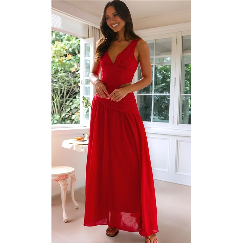 ASDS-Vestido feminino de festa de verão com cintura longa e franzido, decote em V fluido, vestidos femininos plissados