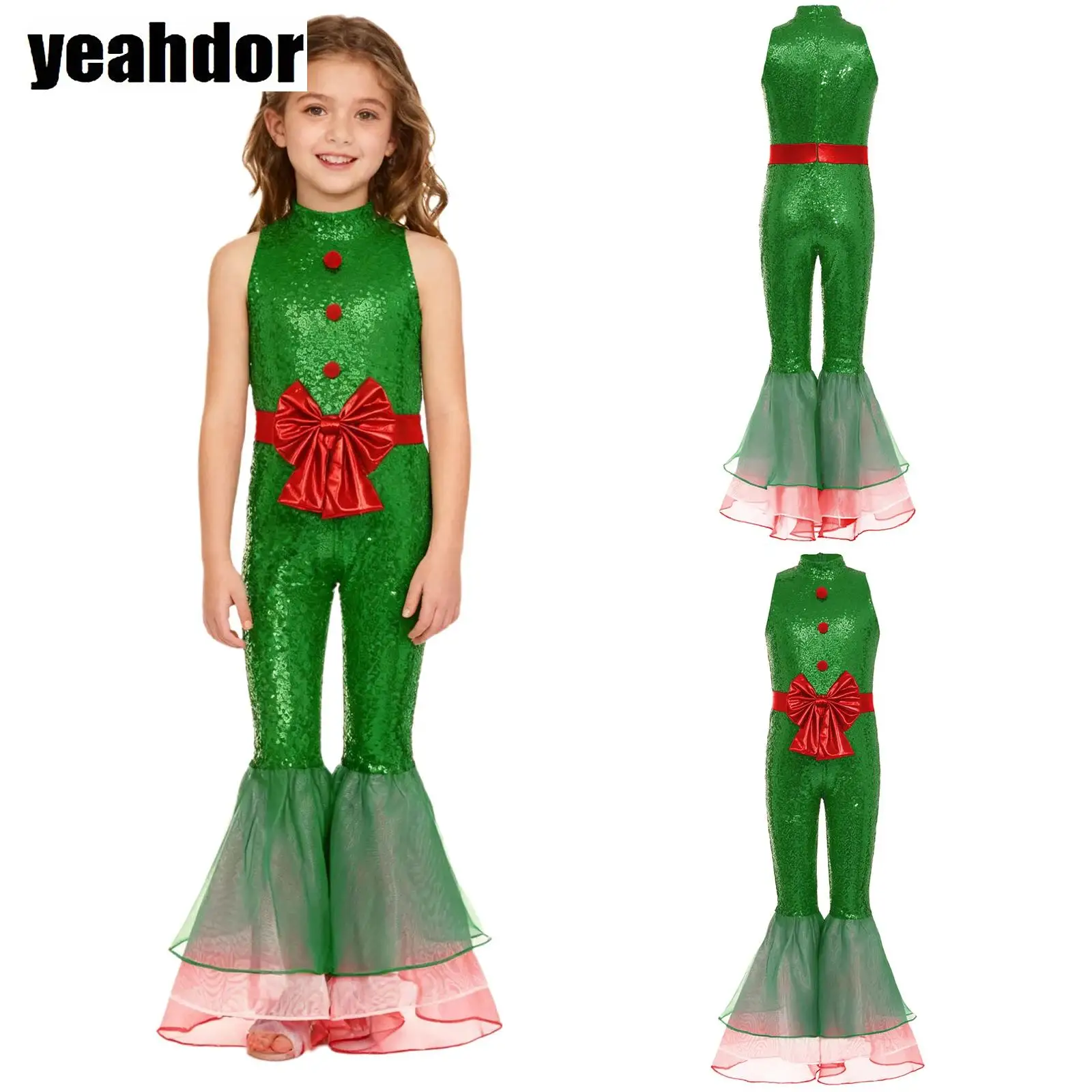 

Girls Christmas Sequin Flared Jumpsuit Candy Cane Unitard One Piece Sleeveless Velvet Bodysuit Xmas Party Santa Claus Costume