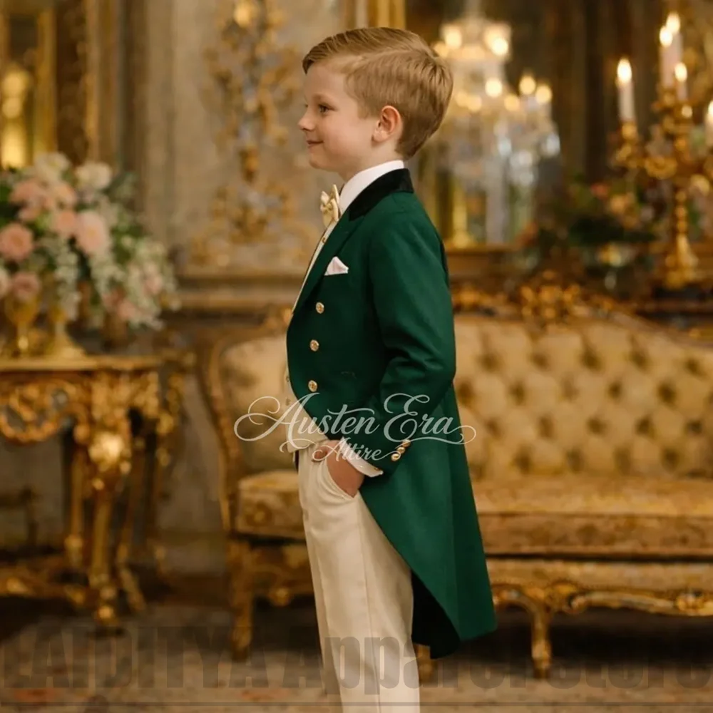 Boys Long Tailcoat Three Piece Suit Kids Royal Wedding Page Boy Vintage Formal Ceremony Party Outfit (Blazer+Vest+Pants)