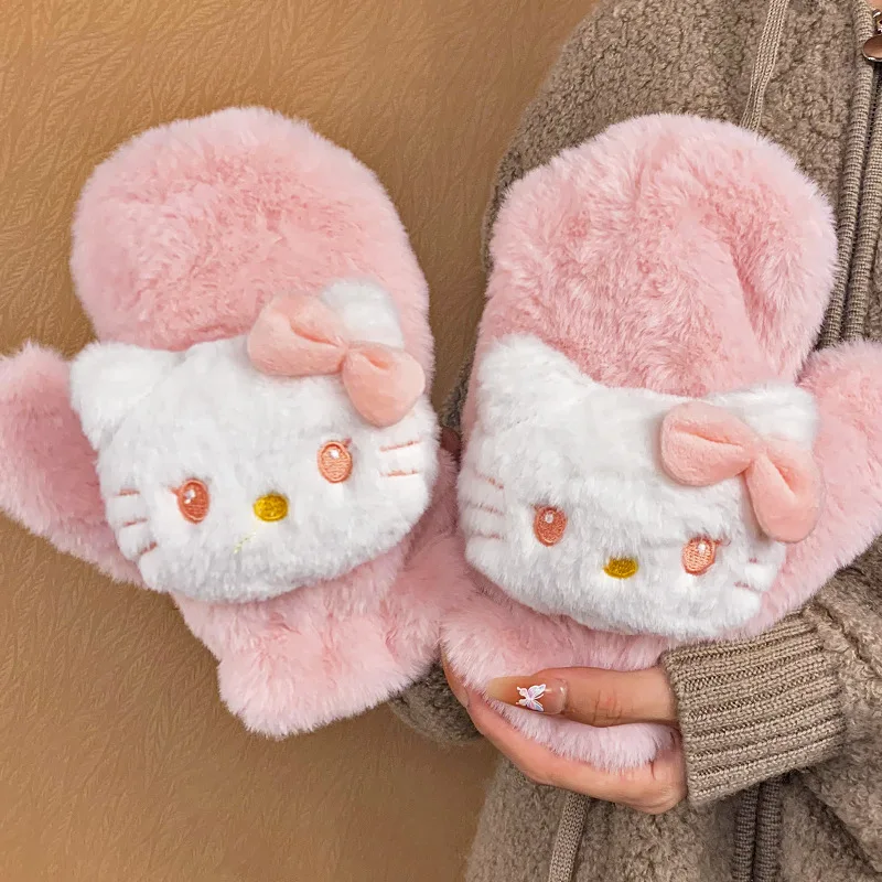 Cute Kitty Pochacco Winter Warming Mittens Cartoon Plush Thickened Gloves Cycling Travel Cold-Proof Mittens Girl Birthday Gift