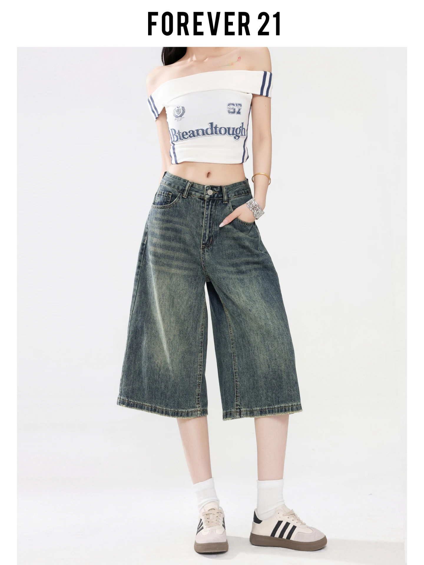 Jeans Rectos de Cintura Alta, Pierna Ancha y Suelta, de Siete Pulgadas, para Mujer, con Efecto Adelgazante para Figura Tipo Pera, de Mezclilla Azul Retro a Media Pantorrilla, Forever 21