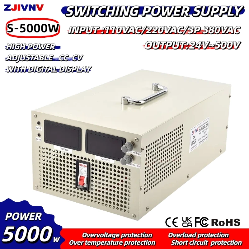 

5000W Industrial Switching Power Supply Dual Digital Displays AC 110V/220V/3P 380V to DC 24V~500V Adjustable S-5000 CE ROHS