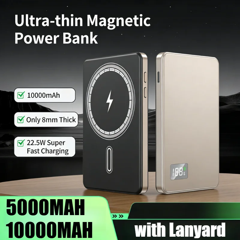 

Ультратонкий внешний аккумулятор 10000 мАч с магнитной беспроводной быстрой зарядкой 15 Вт, двойной режим, тонкий портативный дизайн, LED-дисплей, с ремешком