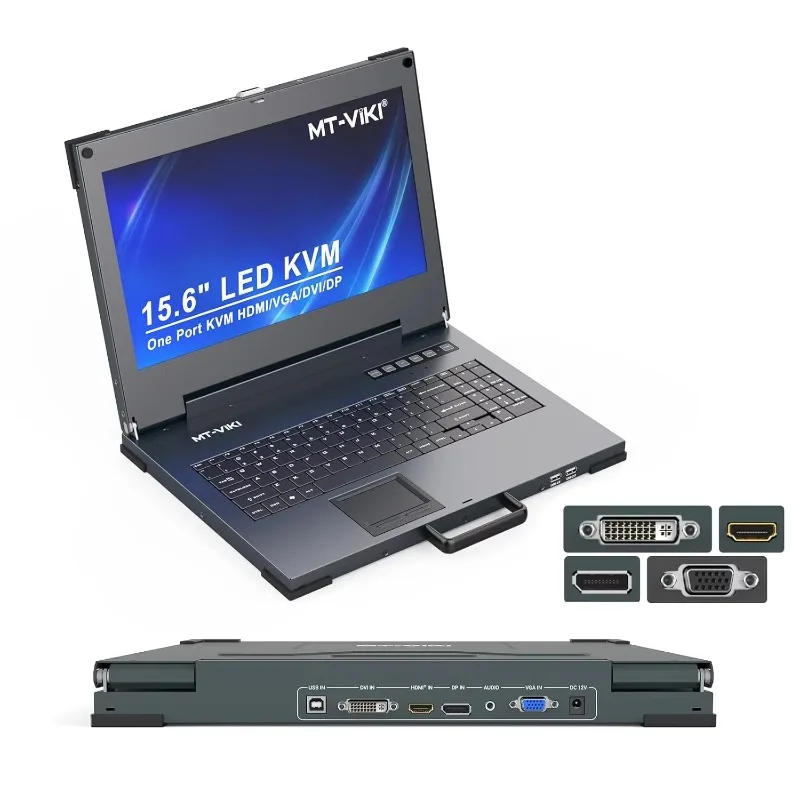 4K LCD KVM Console Single-Port With DP/HDMI/DVI/VGA Input Interface, Portable 15.6'' KVM Console For Rack Servers