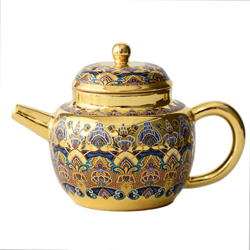 Handmade Dunhuang Impression Gilt Teapot Stacked Flowers Enamel Color Tea Brewer Teacup Cover Bowl Gold Cup Small Gold Pot 5