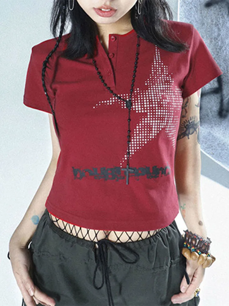 Damen Harajuku Stil Sternmuster Crop Top Rundhals Kurzarm Grafik T-Shirt Y2K Japanisches Streetwear T-Shirt