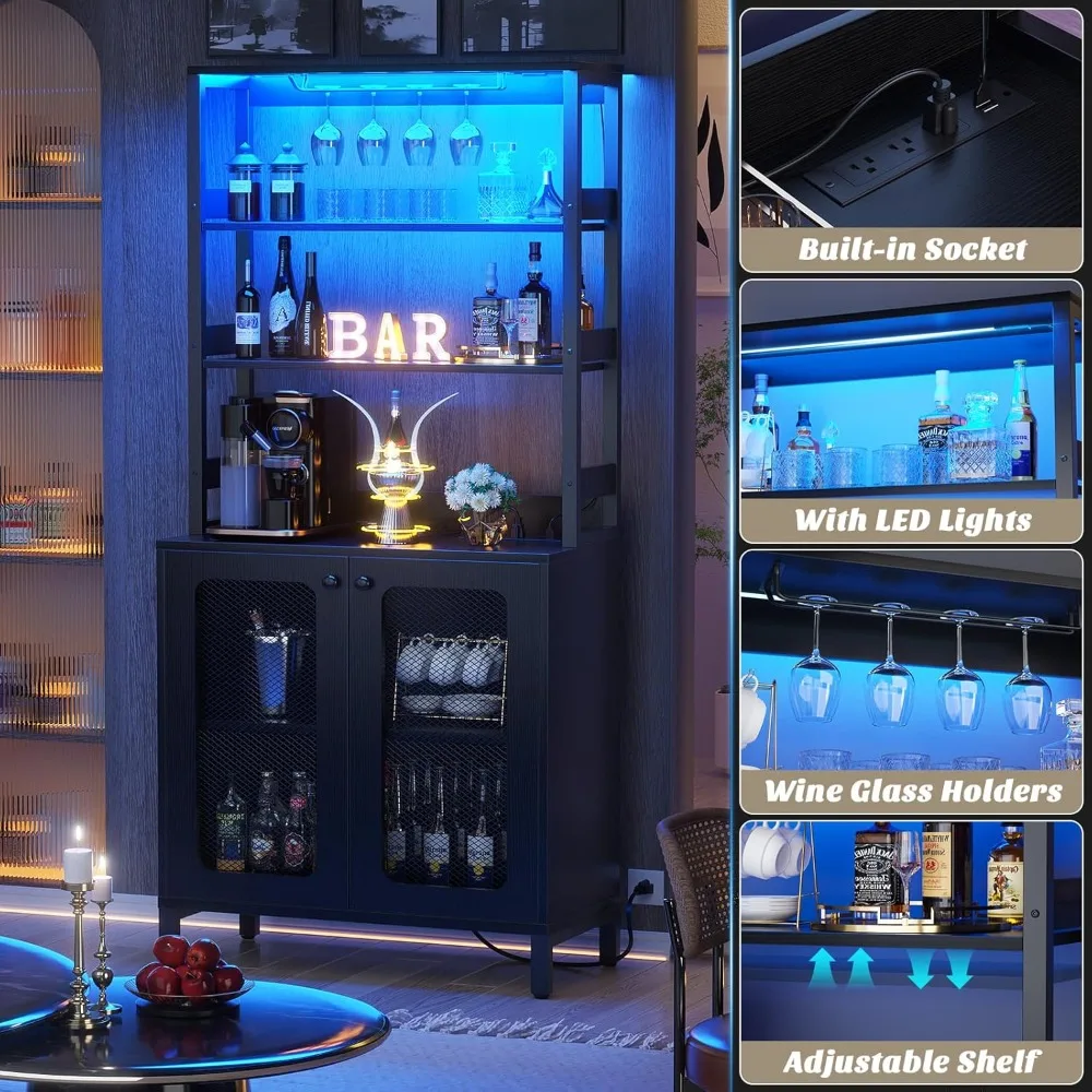 Aheaplus Mueble de bar con tomas de corriente, mueble alto para bar de vinos 67, gabinetes para licores con luces LED y soporte para vidrio, cafeteras