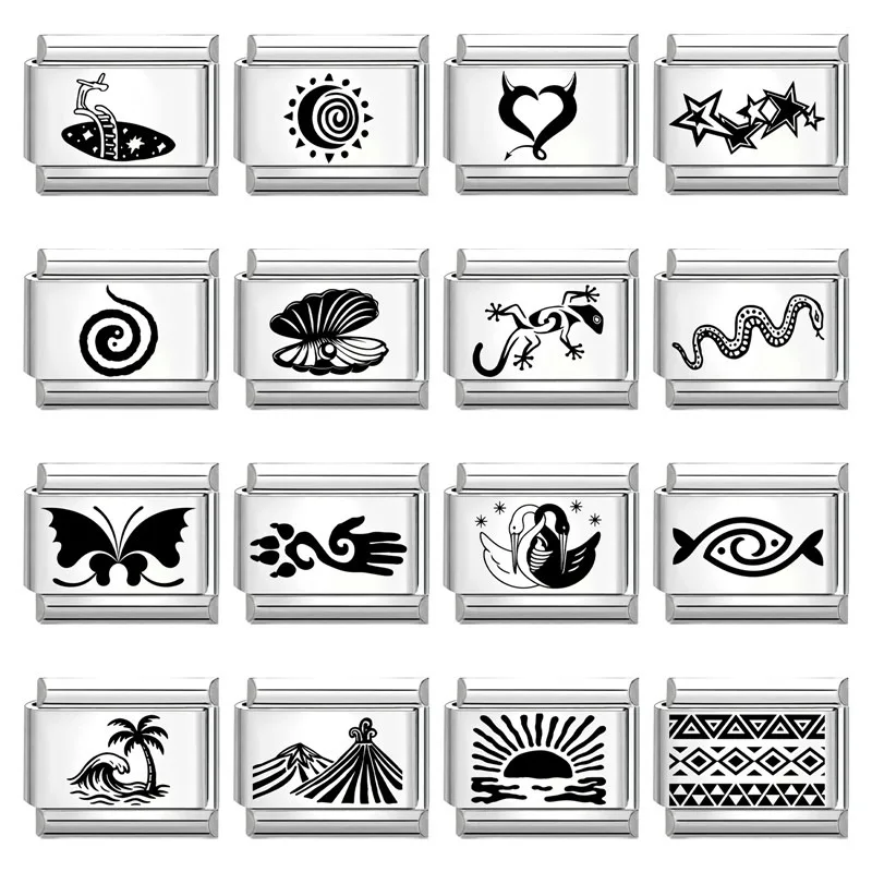 Laser Engraving Black Gecko Swan Snake Seashell Italian Charm Links Fit 9mm Stainless Steel Bracelet Men Women DIY Making Gift