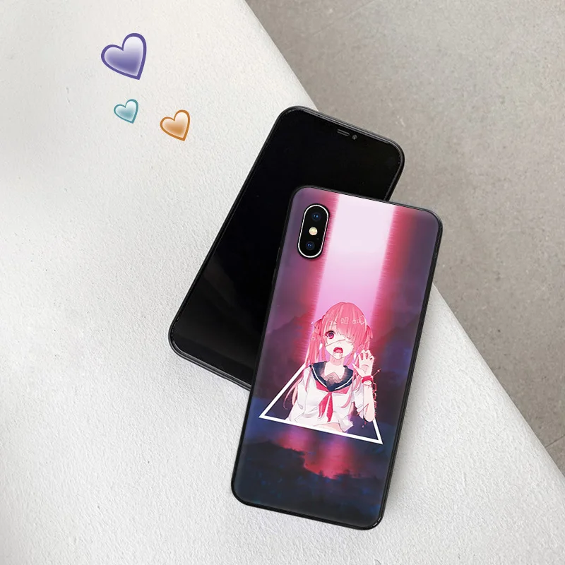 Phone Case for Apple iphone 16 Pro 15 12 11 13 Mini 14 Plus SE XR X XS Max Vaporwave Girl Anime Soft Black Anti-Drop Cover