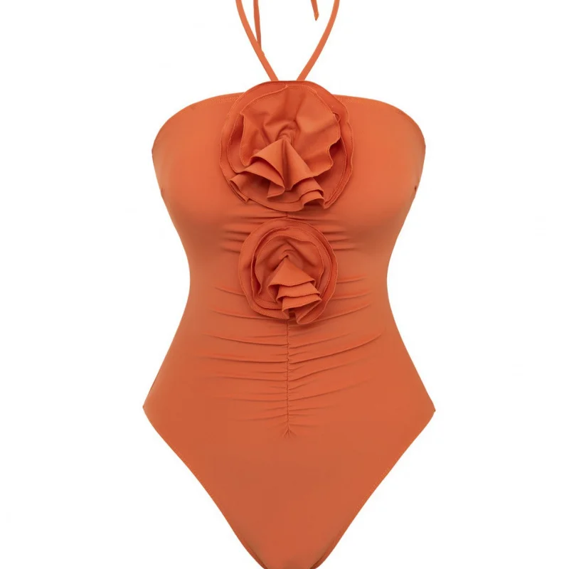 New hot-selling solid color sexy lace-up one-piece bikini with three-dimensional floral decoration women's swimsuit