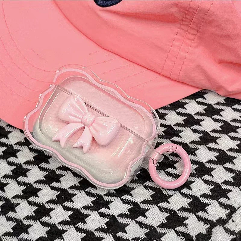 حافظة على شكل فيونكة وردية اللون لأجهزة AirPods 4 Pro 3 2 1 غطاء من البولي يوريثان الحراري الشفاف لأجهزة AirPods Pro 2 2nd Pro2 3rd 4th Generation Coque