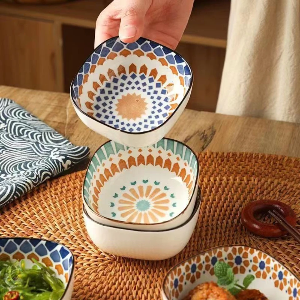 Bohemian style ceramic bowl household sauce bowl small square bowl