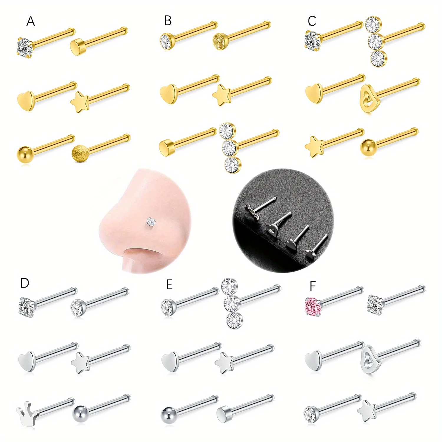 6pcs Multiple Styles Straight Barbell Cubic Zirconias Heart & Star Nose Studs, Stainless Steel Fashion Design Nostril Decor