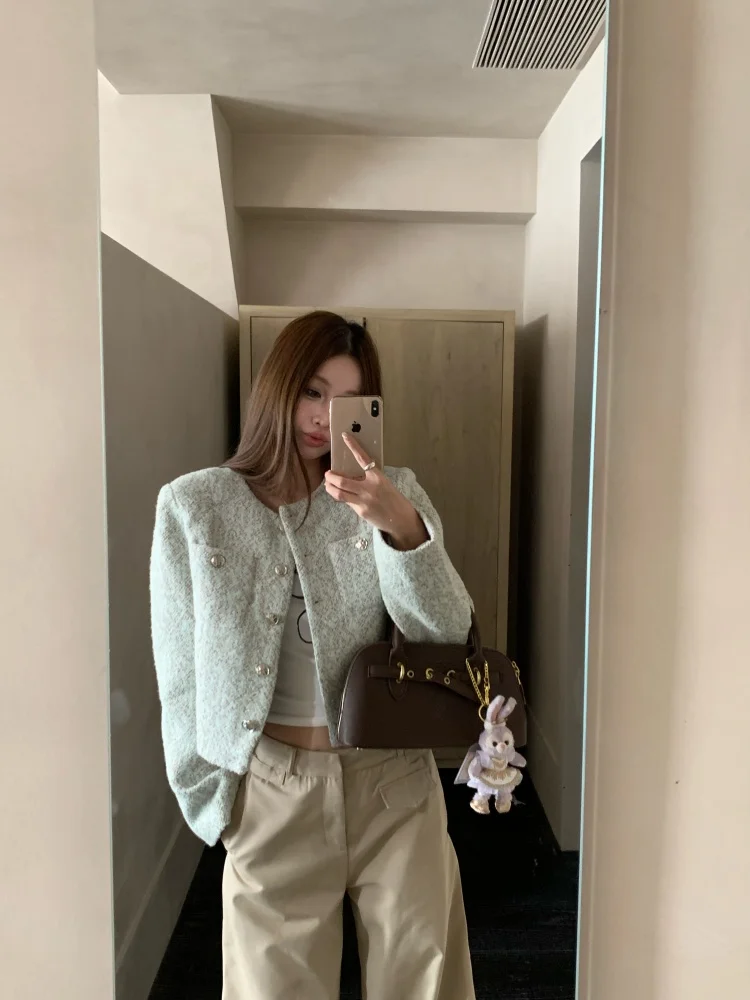

Tweed Jacket Overcoat Oversize Womens Summer Evening Rib Crop Wide Elastic Sashes Vintage Drop-Shoulder Mini Lace Sequined Daily