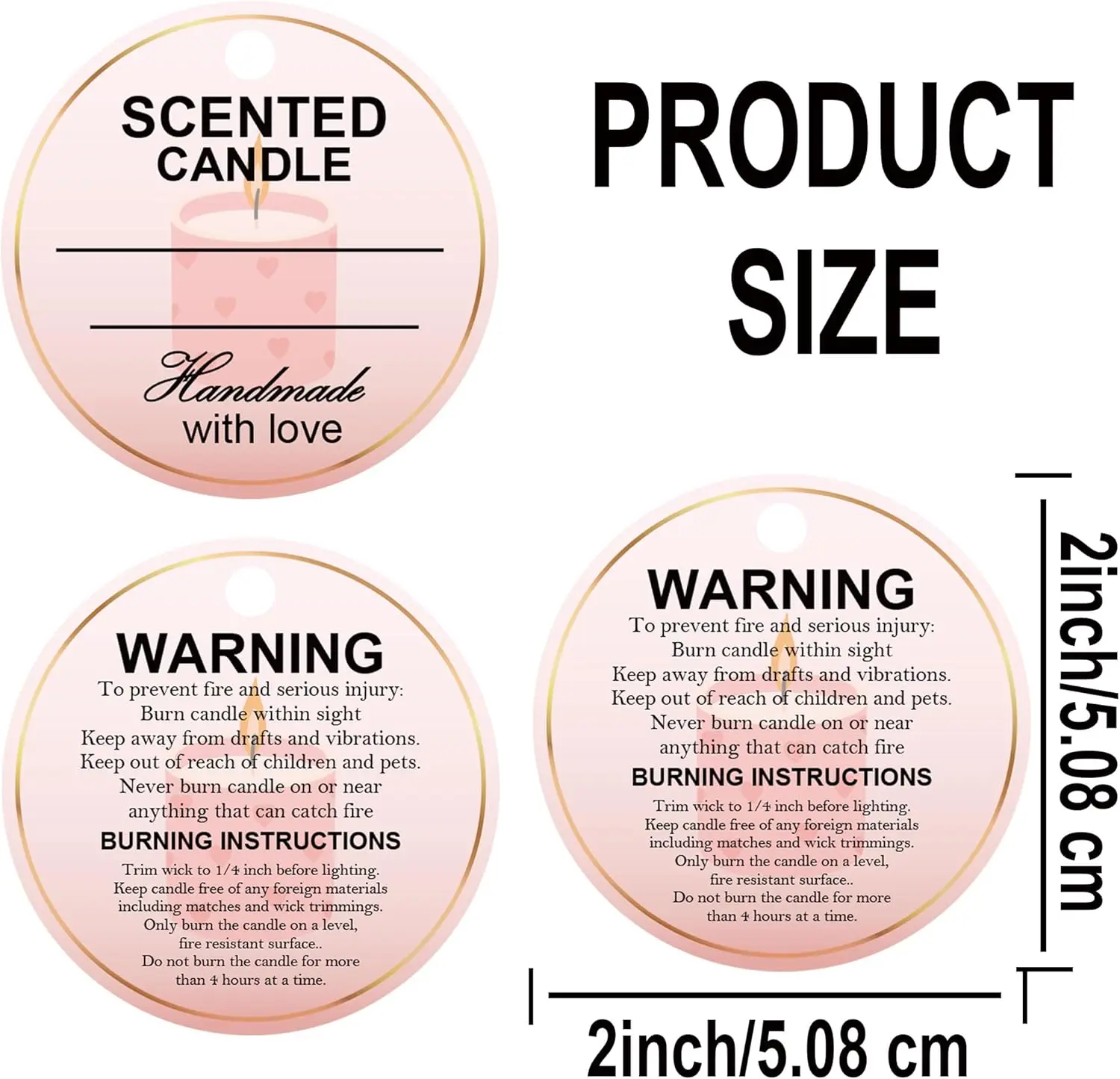 Candle Hang Tags Handmade with Love Scented Candle Labels - Pink Scented Candle Packaging Tag Warning Labels for Candle Making