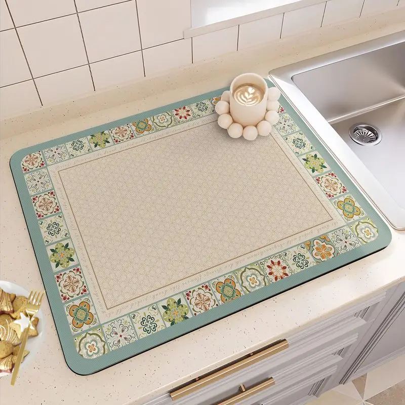 VIKAMA Moroccan Floral Tile Dish Rack Mat, Vintage Floral Absorbent Quick-Dry Mat, Kitchen Sink Countertop Home Decor