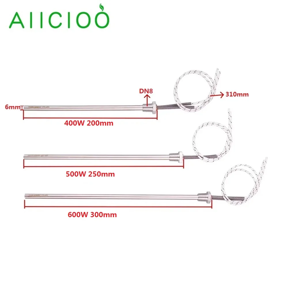 AIICIOO DN8/12.8мм Нагревательный элемент для пресс-форм с резьбой, одноконцевой, 220В 400Вт/500Вт/600Вт, 6x200/250/300мм, картриджный ТЭН из нержавеющей стали, 1 шт.