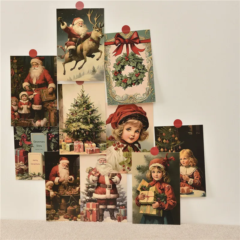 10Pcs Retro Christmas Cards Cartoon Postcards Message Greeting Card 4x6\