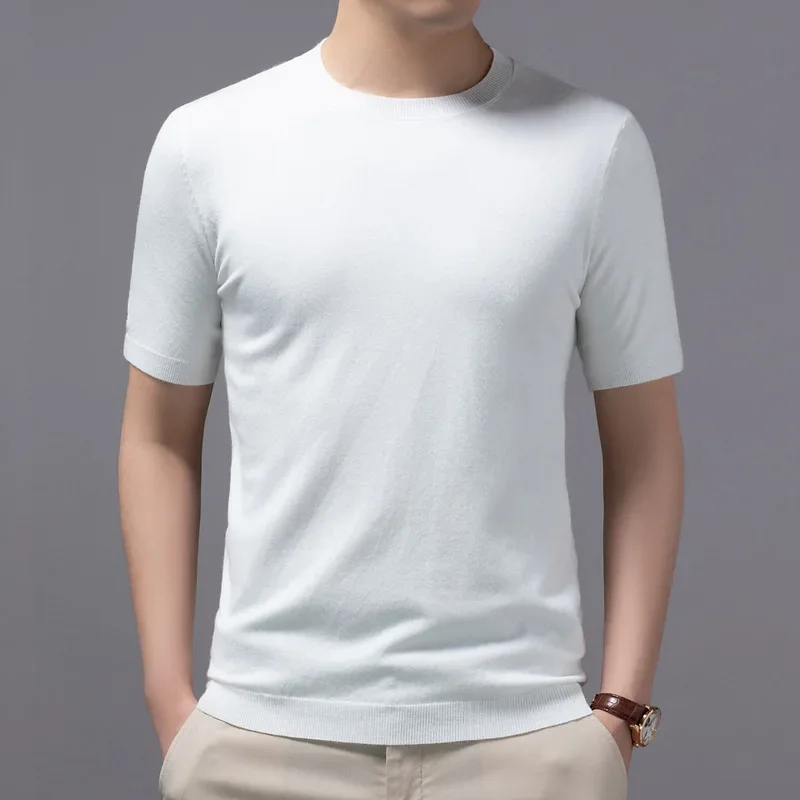 Summer Men's Crew Neck Knitted Short Sleeve Casual Youth Sweater Bottom Shirt Thin T-Shirt Top Oversized Cashmere Wool