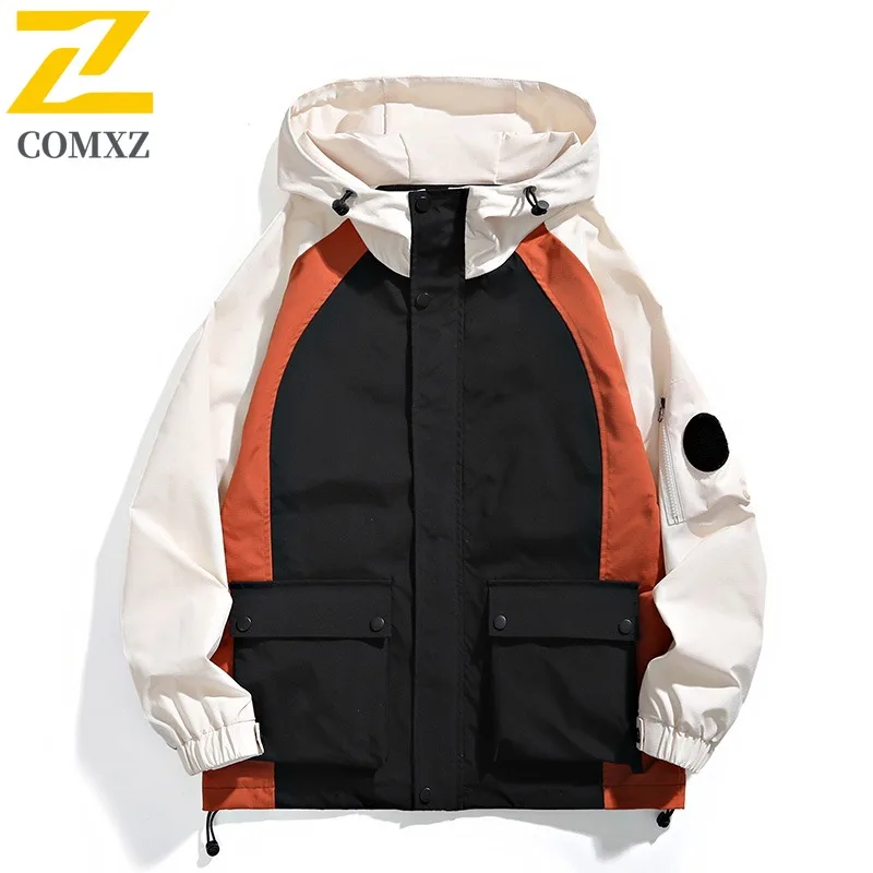 

COMXZ 2025 Мужская свободная рабочая одежда с капюшоном, куртка весна-осень, горная уличная водонепроницаемая повседневная легкая куртка с цветными блоками