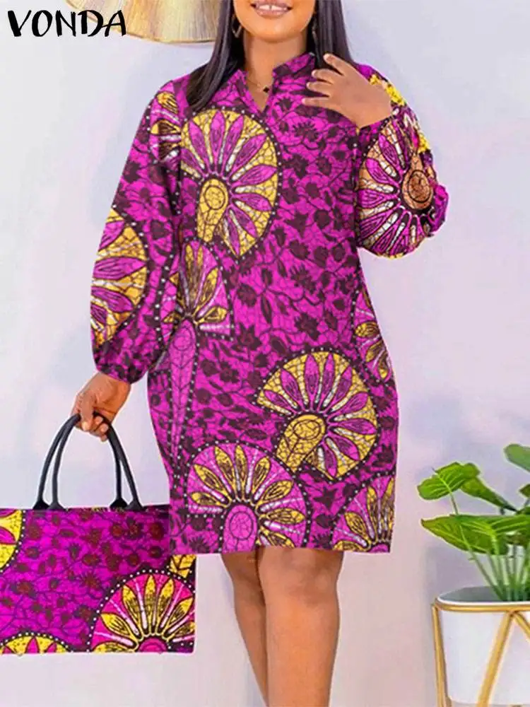 Plus Size VONDA Women Bohemian Mini Dress 2024 Long Puff Sleeve Vintage Printed Knee Length Vestidos Party Dress Robe Femme