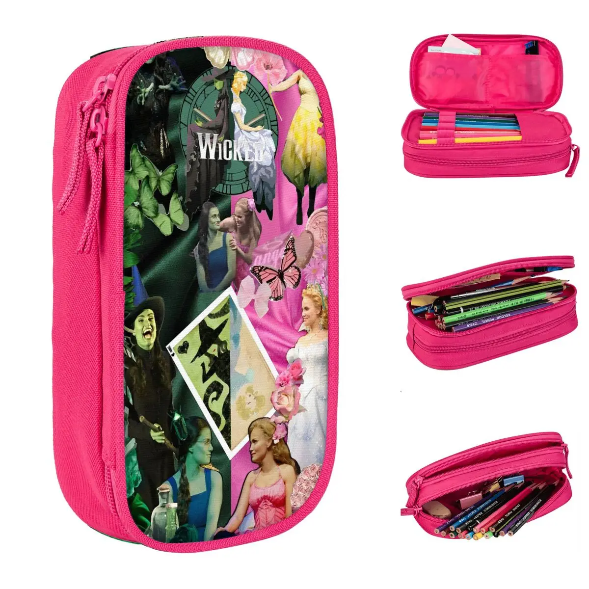 Estuche para lápices tonal Wicked Elphaba & Glinda, estuche para lápices de doble capa, estuches para lápices escolares portátiles encantadores para niño y niña, suministros