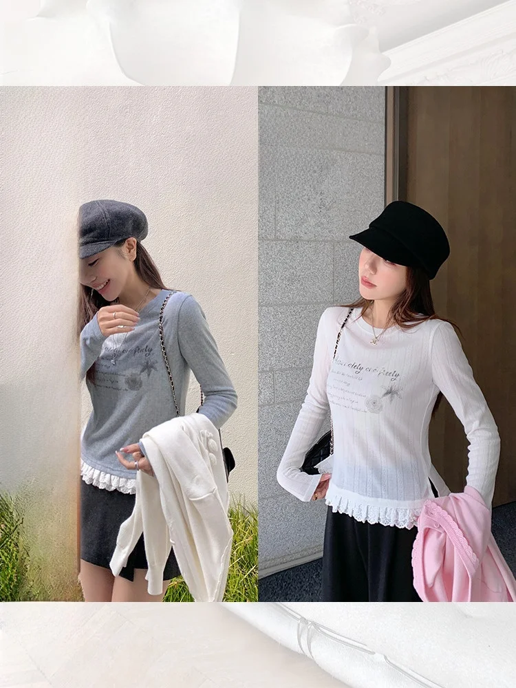 

Women's Long Sve T-irt Cheeseandkisses Hollow Knitted Material Waterprint Lace Patchwork Base irt Commute Sle Polyes...