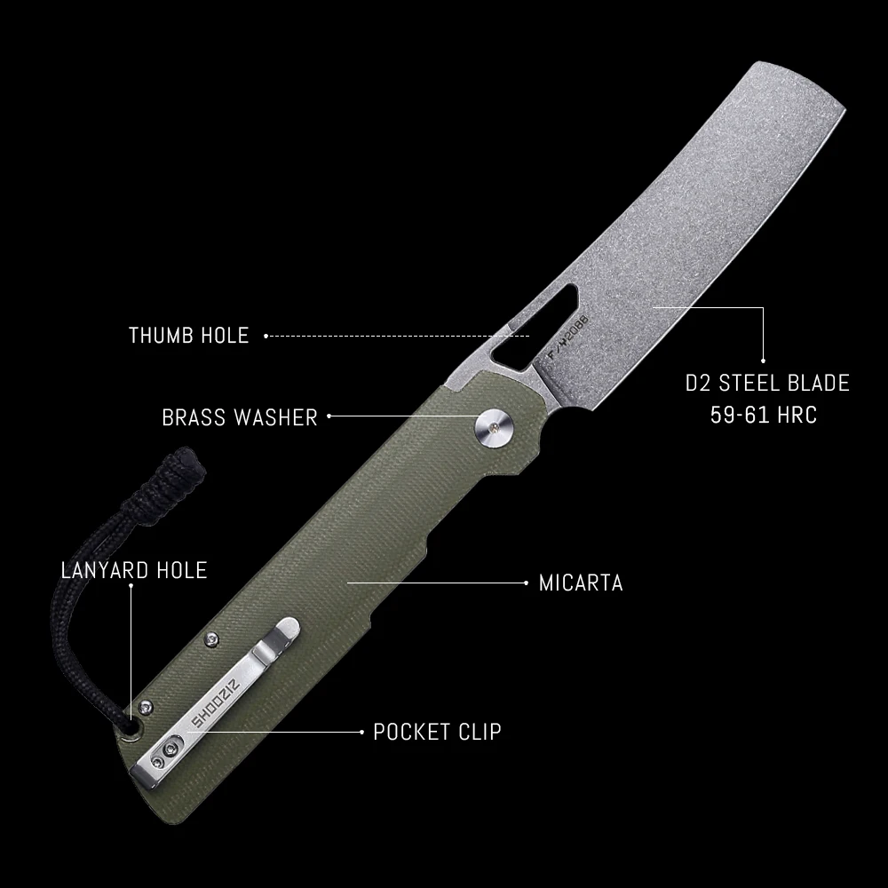 Shooziz Folding Camping Knife,Pocke knife for Man，D2 Satin/Stomewash Blade,Brass Washer for Outdoor EDC Tool,G10/Micarta Handle