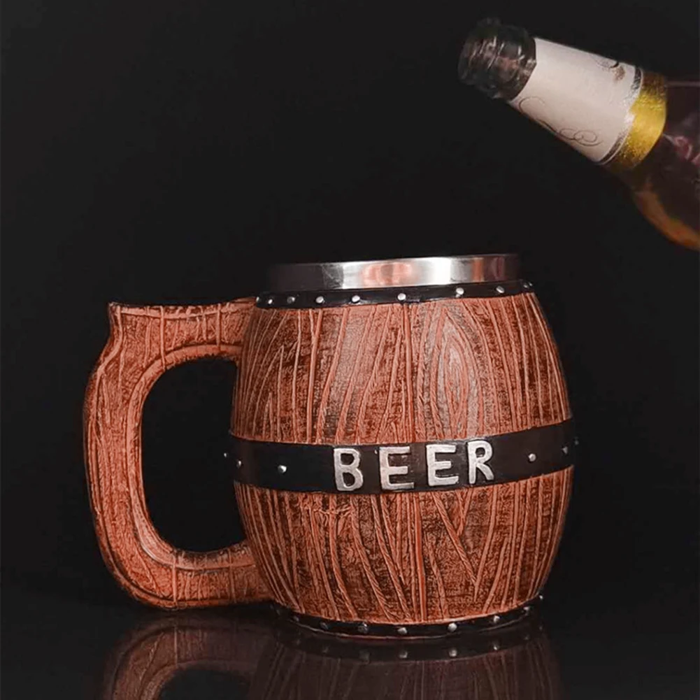 

Wooden Barrel Style Beer Cup Stainless Steel Tankard Cocktail Mugs Large Capacity Bucket Shaped Beer Bar Home Drinkware#22