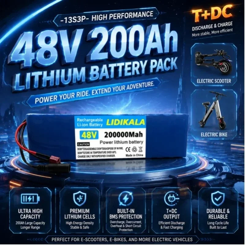 48V 200000mAh 13s3p Hochkapazitäts-Li-Ionen-Akku mit XT60 DC-Anschluss für E-Bike, Elektroroller und Solaranlagen