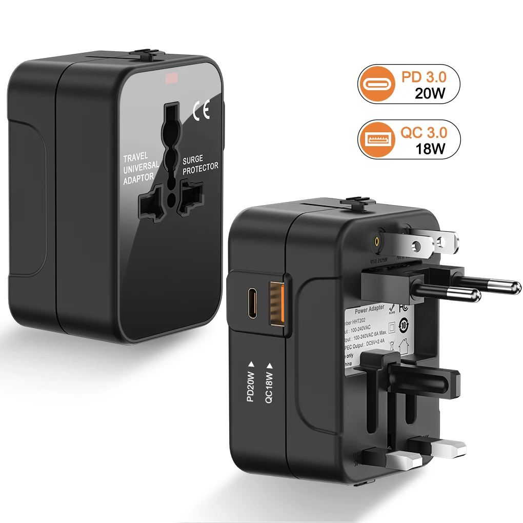 3-in-1 Global Universal Travel Adapter PD20W/QC18W Fast Charging Built-in Fuse Portable Multi-functional Power Adapter