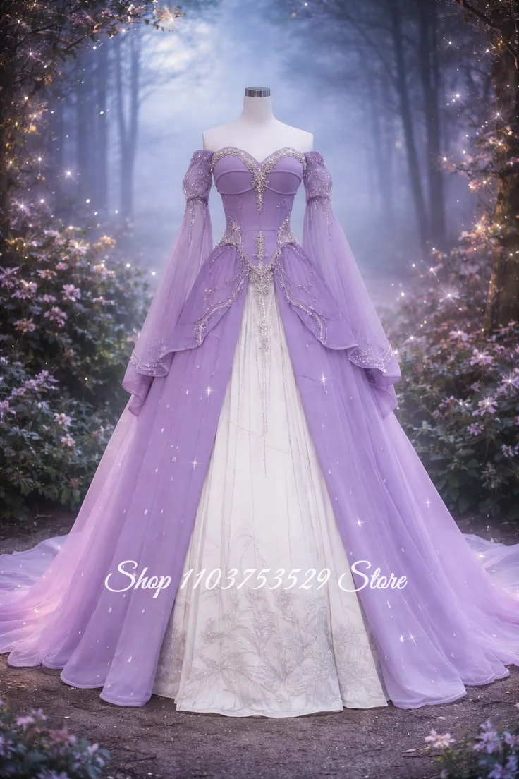 Maßgeschneidertes Lavendel-Schulterfreies Abendkleid mit Silberperlen, Sweetheart-Ausschnitt, Korsett, Vintage-Feenmärchen-Abendkleid