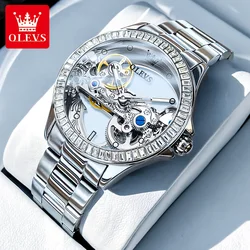 New OLEVS Fashion Skeleton automatic Mechanical Watch for Women Leather Strap Waterproof Transparent diamonds Lady Watches