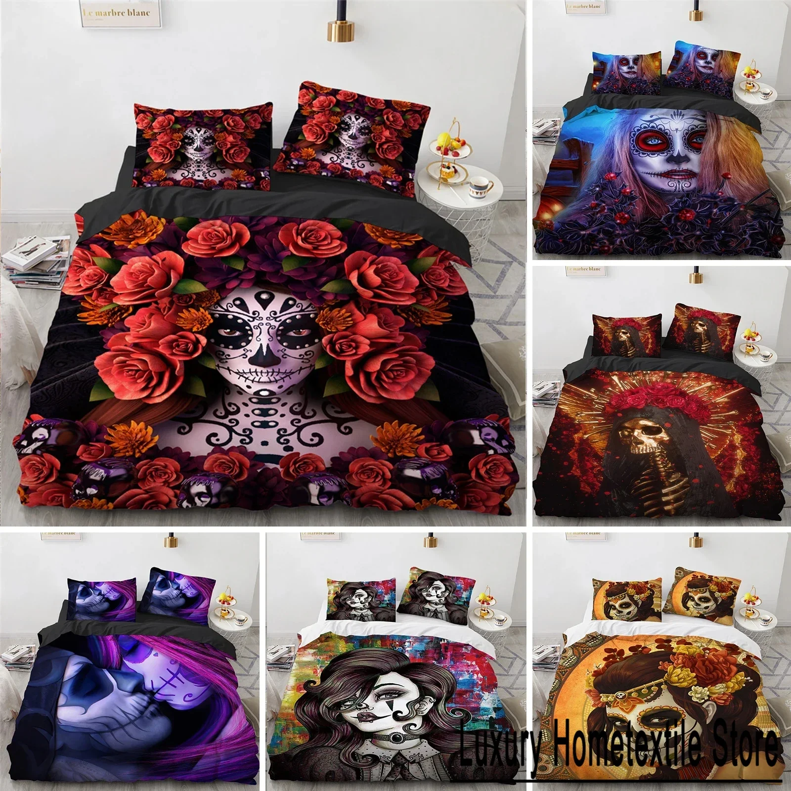 Skull Duvet Cover Queen Size Microfiber Vintage Sugar Skull Girl Day of The Dead Bride with Dark Color Roses Graphic Bedding Set