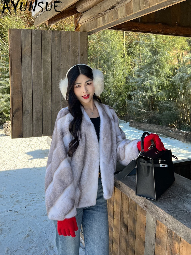 AYUNSUE 2025 ベルベットミンクファージャケット レディース 高級ミンク冬用ジャケット 女性用服 高品質ショートコート