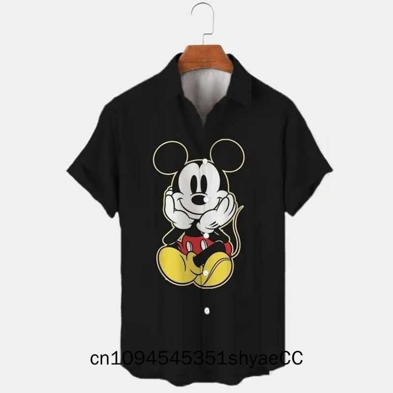New 2025 Summer Disney Harajuku Slim Fit 3D Printing Men Button Short Sleeve Lapel Mickey Minnie Casual Cute Shirt Y2k