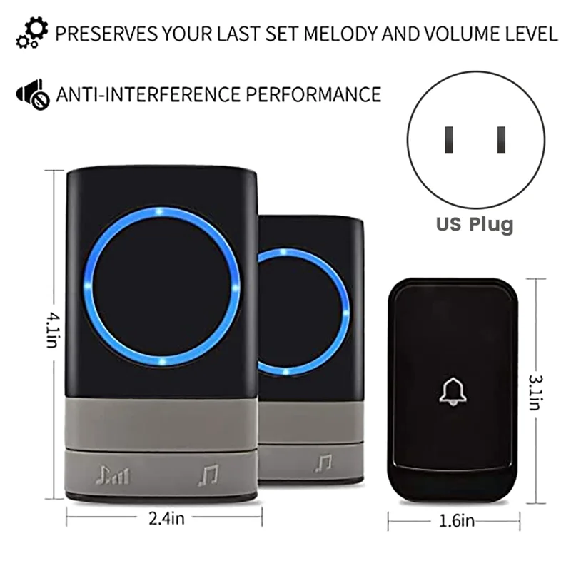 Wireless Doorbell Waterproof Doorbell Kit 200 Meter Range with 45 Melodies, 4 Volume Level 2 Receiver for Office US Plug