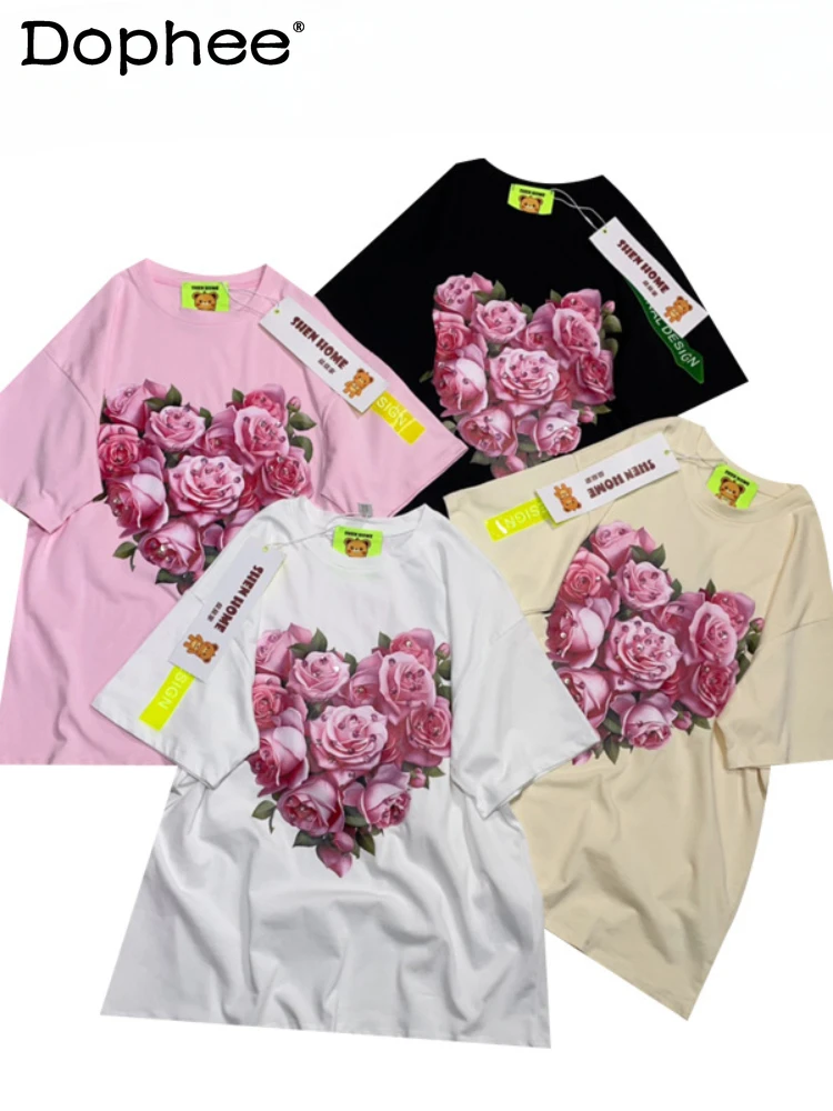 2024 Summer New Retro Fashion Loose Rose Bouquet Beaded Printed Sequin Temperament Casual Round Neck Short Sleeves T-shirt Women