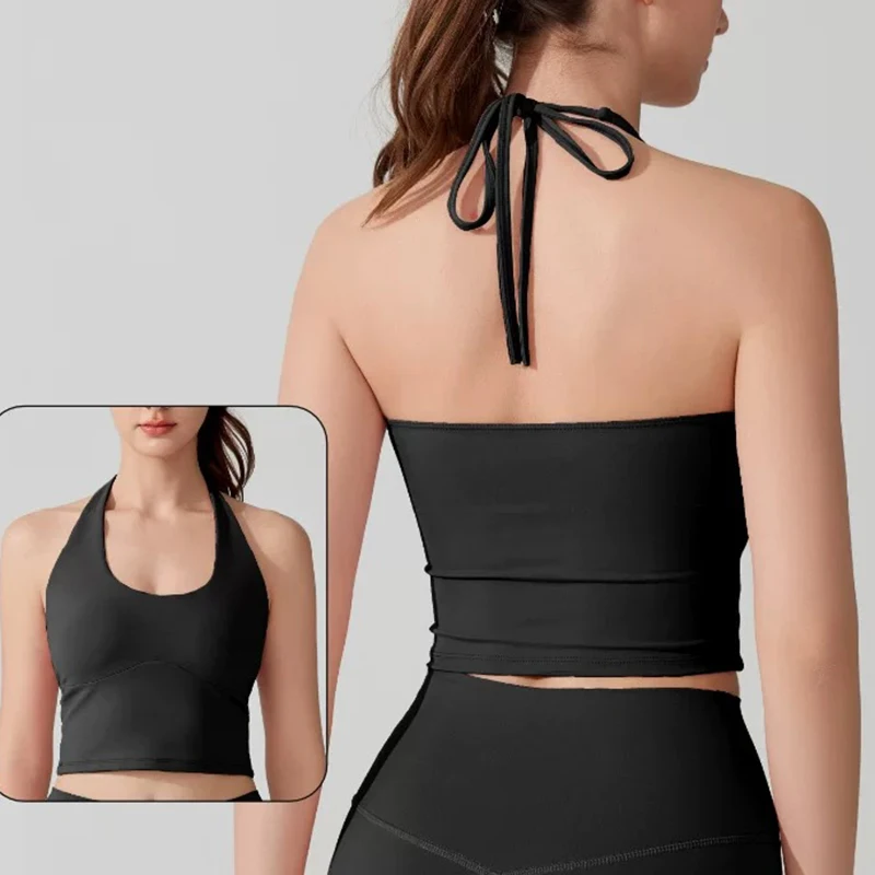 Women's Sexy Halter Neck Slimming Tube Top Yoga Bras Vest One Cup Back Sling Fixed Gather Gym Outer Wear for Summer