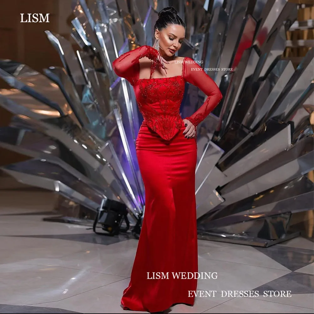 

LISM Red Glitter Satin Evening Party Dress Tulle Long Sleeves Mermaid Formal Prom Gowns For Special Occasion Plus Size