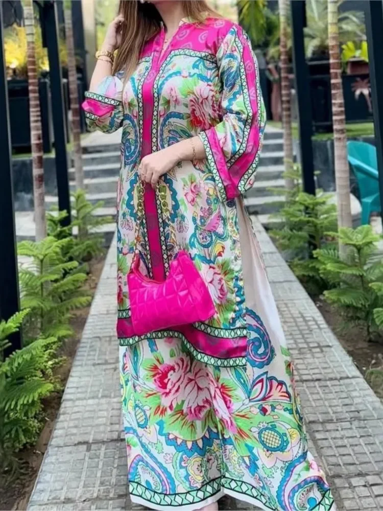 

Fashion V-neck Long Sleeve Long Top + Wide-leg Pants 2-piece Set Women's Spring Elegant Floral Print Slit Top Casual Suit Female