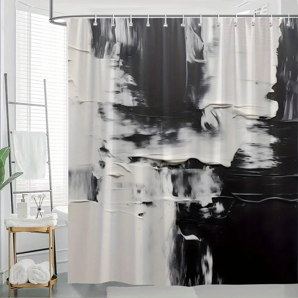 

1 шт. абстрактная занавеска для душа с кистью - современная минималистичная черно-белая текстура, 70,8x70,8 дюйма, 12 крючков, современный стиль