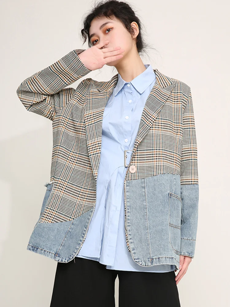 [EAM]  Women Blue Plaid Denim Big Size Blazer New Lapel Long Sleeve Loose Fit  Jacket Fashion Tide Spring Autumn 2024 1DD641005