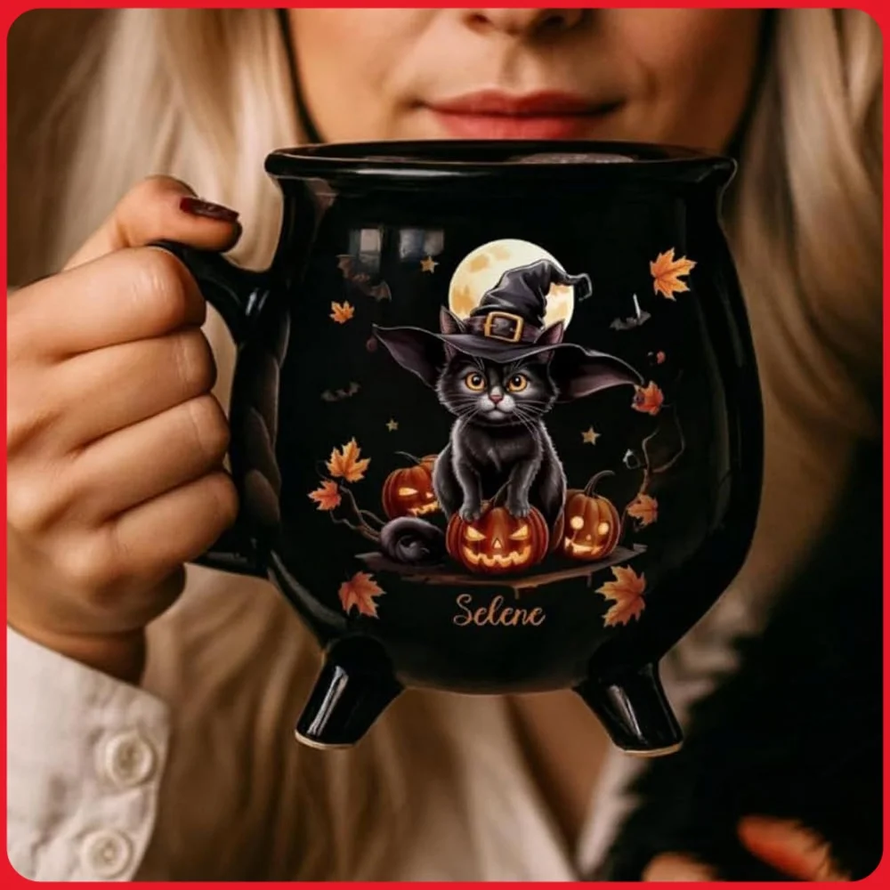 Witch Cauldron Mug Black Cat Halloween Ceramic Coffee Cup 11.5oz Novelty Cat Lover Gift Curved Handle