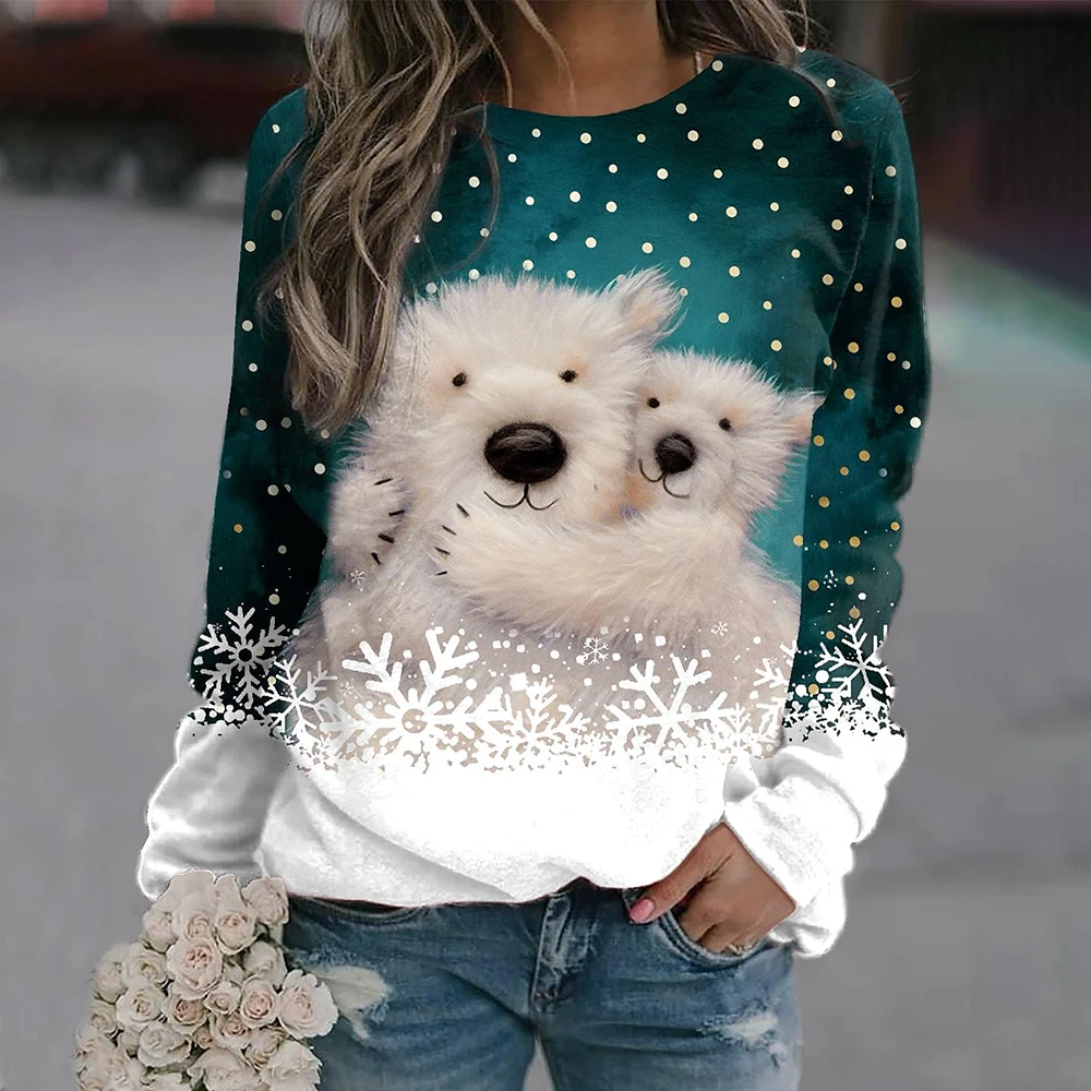 Women's Pullover Sweater Teal Winter Polar Bear Graphic Long Sleeve Crew Neck Holiday Festive Casual Comfort Fit Snowflake