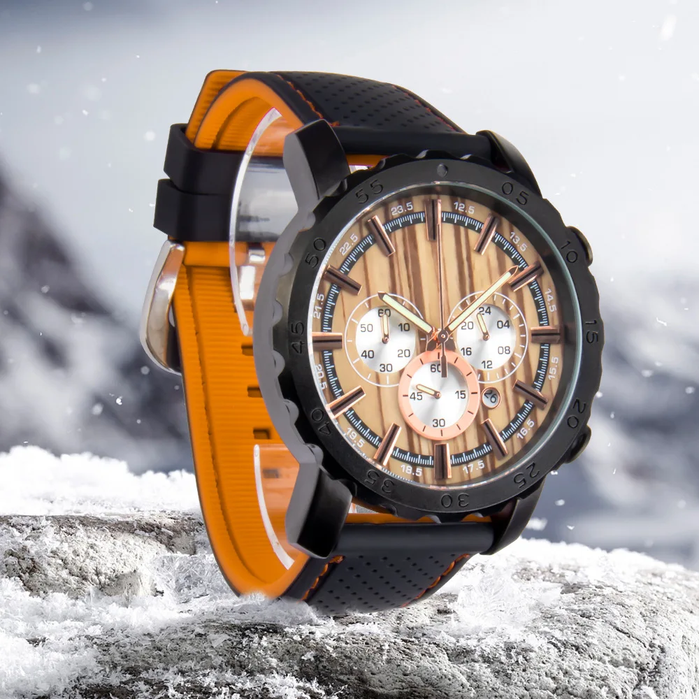 

Оптовая продажа, Водонепроницаемые многофункциональные деревянные часы из сплава, спортивные мужские часы с силиконовым ремешком, наручные часы с логотипом на заказ