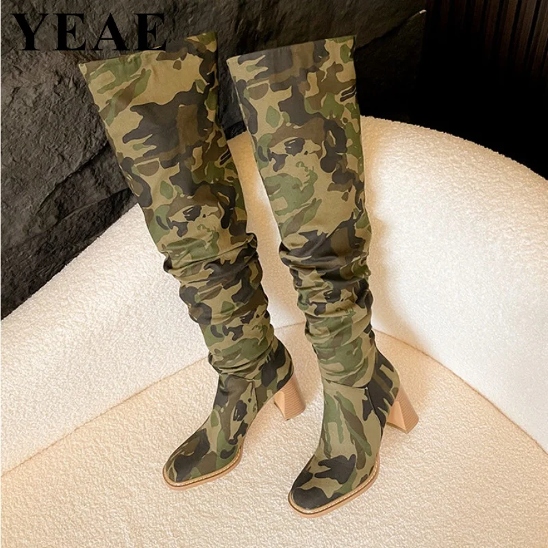 New Camouflage Denim Thigh High Boots Women Round Toe Thick High Heel Over-the-Knee Boots Winter Slip On Long Women\'s Boots 2024