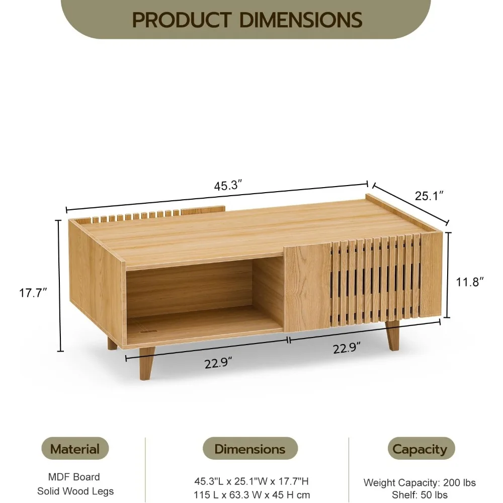 Fluted Coffee Table, Mid Century Modern Center Coffee Table with Cabinet Doors, Modern Farmhouse Coffee Table for Living Room