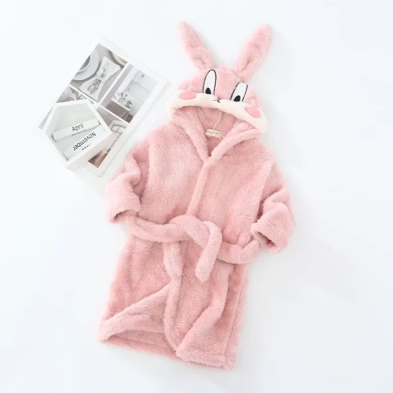 Winter Kids Hooded Bathrobe Baby Bath Robes Boys Girls Cute Cartoon Rabbit Flannel Pajamas Toddler Long Sleeve Towel Robe